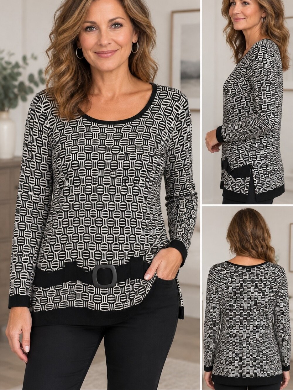 Geometric Black & White Scoop Neck Knit Sweater with Belt Detail